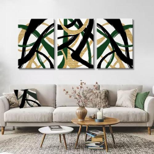 3Pcs Framed work Abstract Lines Canvas Wall Art Modern Black, Green, Gold Geometric Brushwork Prints Posters Abstract Line Images Framed gallery packaging artwork for living room prints, bedroom, office, and home decor 12X16Inch