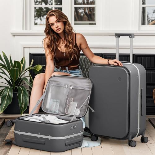 Grey mixi 20 Inch Carry On Luggage 22x14x9 Airline Approved PC Hard Shell Suitcase Top Opening Aluminum Frame Travel Suitcases with Wheels, Rock Gray