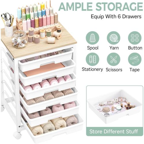 Rolling Storage Utility Cart with 6 Drawers and Wooden Tabletop for Under Desk Storage,White