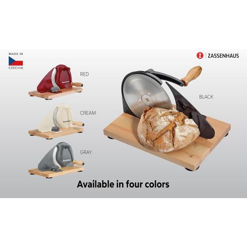 Color Red Zassenhaus Original Classic Adjustable Bread Slicer for Uniform Slices - Bread Slicer for Homemade Bread - 18/8 Stainless Steel Blade Sourdough Cutter - Black, 11.75 x 8