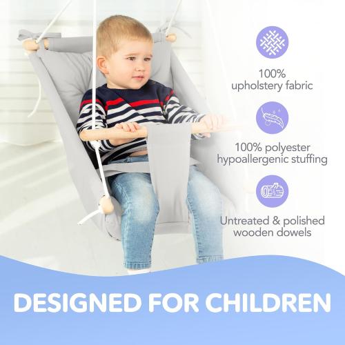 CaTeam Canvas Kids Swing, Wooden Hanging Seat Chair with Safety Belt, Durable Toddler Seat, Suitable for Outdoor and Indoor Use, Mounting Hardware Included, Gray Blue