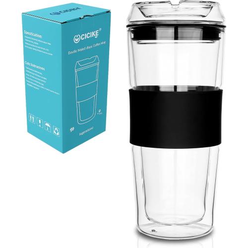 14oz Double Walled Glass Coffee Tumbler with Full Glass Lid & Silicone Sleeve - Non-Slip Insulated Travel Mug with Protective Bottom Bumper - 100% Plastic-Free