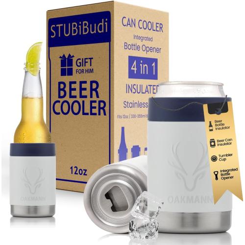 OAKMANN Stainless Steel Beer Cooler With Bottle Opener, Vacuum Insulated Can Cooler 12 oz for Bottles Cans, 4-in-1 Universal Insulator Coozy for Bottles Cans, Beer Gifts for Birthday (White)