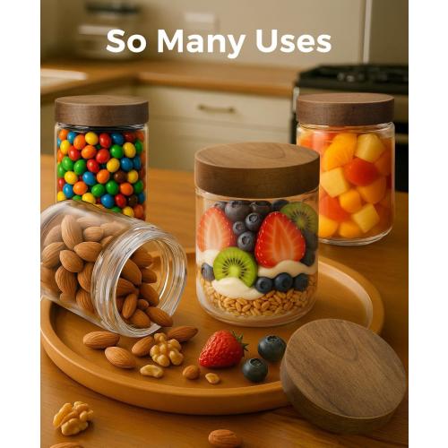16oz 4 Pack Overnight Oats Containers with Lids, Glass Mason Jars with Acacia Wood Airtight Lids, Wide Mouth Meal Prep Storage Jars for Yogurt, Chia Pudding, Salad, Parfait, Snacks, Spice