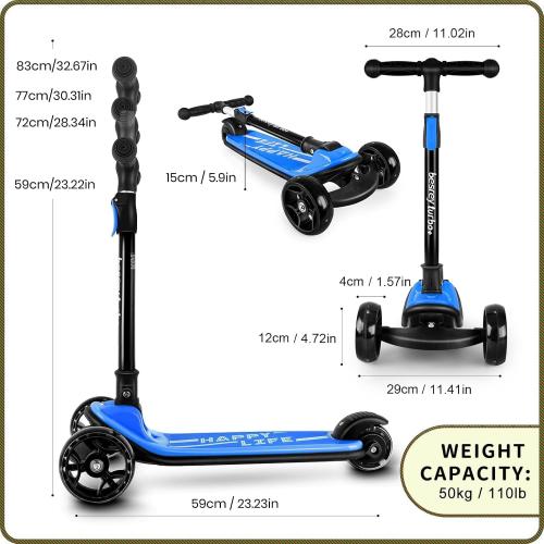 Blue and Black Besrey Kick Scooter for Kids Ages 3-10, 3-Wheel Folding Scooter with Adjustable Height, LED Light Wheels, Extra Wide Deck for Outdoor Activities