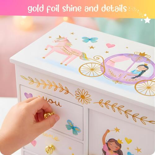 Giggle & Honey Princess Musical Jewelry Box for Girls - Kids Music Box with Drawers, Fairytale Gifts for Girls Birthday, Princess Jewelry Boxes for Ages 3-10 - 9 x 5 x 9.3 in, White