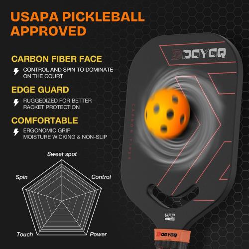 Pickleball Paddles, Carbon Fiber Pickleball Paddle with a 13mm Polypropylene Honeycomb Core, Increased Power for Ultimate Spin & Consistency