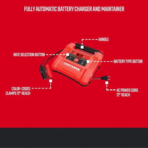 CRAFTSMAN 12A Car Battery Charger and Maintainer, 4-in-1 Solution, Battery Tester, for 6V/12V Power Sport, Automotive, and Marine Batteries, CMXCESM258