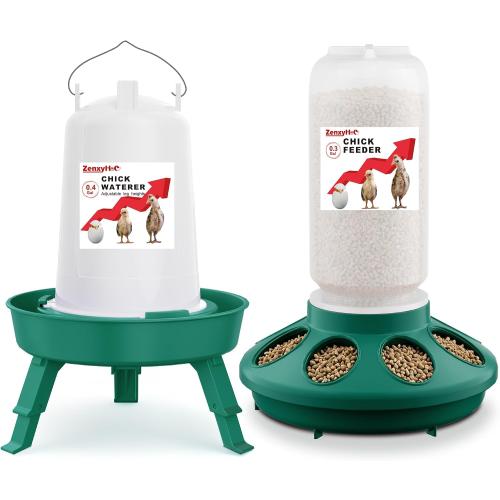 2-in-1 Chick Starter Set: 0.3 Gal Feeder & 0.4 Gal Waterer Green | Chick Feeder and Waterer with Adjustable legs, Anti-drowning, Anti-tip and Hanging Hooks Design for Baby Chicks