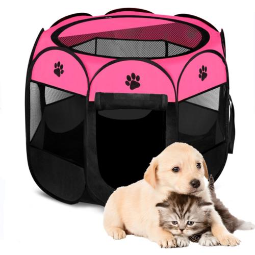 Portable Pet Playpen, Foldable Dog Playpens, Indoor/Outdoor Pet Exercise Kennel Tent Mesh Shade Cover Travel Dog Play Tent for Puppies/Dogs/Cats/Rabbits (M:35*35*24, Rose)