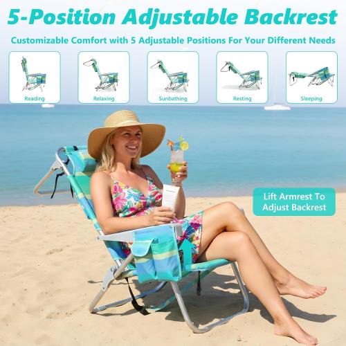 Low Beach Chair for Adults,5 Position Lay Flat, Portable Folding Aluminum Reclining Backpack Beach Chairs Heavy Duty with Cup Holder, Large Pocket for Outdoor/Lawn/Picnic/Fishing