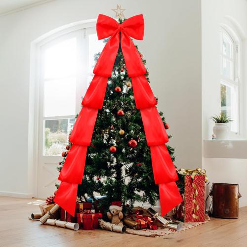 Size 118x28 Color red Extra Large Christmas Tree Topper Bow 118x28 Inch Christmas Decoration Giant Bow with Long Streamers Huge Oversized Wrapping Gift Decor for Xmas Tree Holiday Party Door(Red,Satin)
