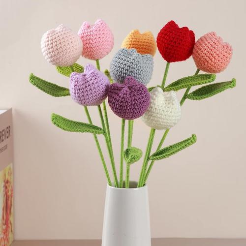 Emivery Crochet Flower Bouquet, 7pcs Knitted Artificial Tulip Flowers Bouquet Pink Handmade Crocheted Finished Fake Flower Tulip for Valentine's Mother's Teacher's Day Gift