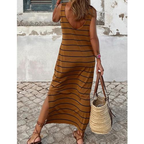 Size L AHAIJ Women's Striped Maxi Tank Dress Casual Summer Sleeveless Crewneck Split Beach Long Sun Dresses