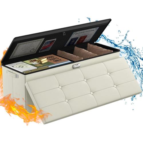 ENGPOW Storage Ottoman, Fireproof Folding Bench with Lock(15”x 43”x15”), Water-Resistant ＆ Heat Insulation Large Storage Chest with Handles＆2 Extra Spaces Safe for Living Room, Bedroom, Home, Beige