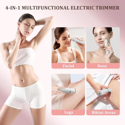 4-in-1 Electric Bikini Trimmer for Women - Painless Electric Razors for Facial/Body/Armpit/Pubic Hair, IPX7 Waterproof Replaceable Shaver Head & Nose Hair Trimmer for Travel, Gifts for Girlfriend Wife