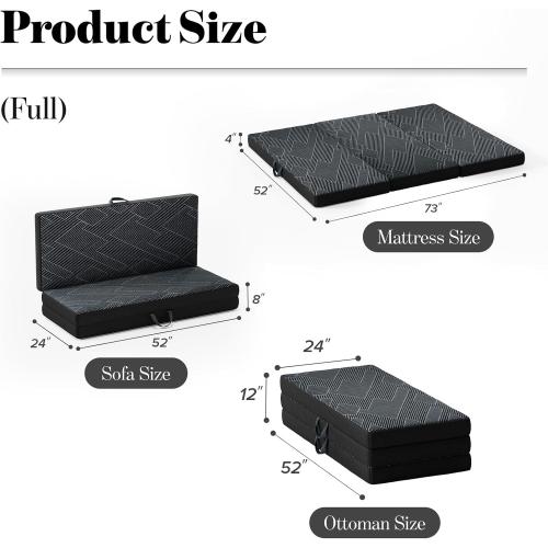 Vamcheer Tri Folding Mattress, 3 inch Full Foldable Mattress, Tri-fold Memory Foam Mat with a Collapsible and Washable Cover, Handle & Non-Slip Bottom, for Travel/Guest, 73x52x3, Grey