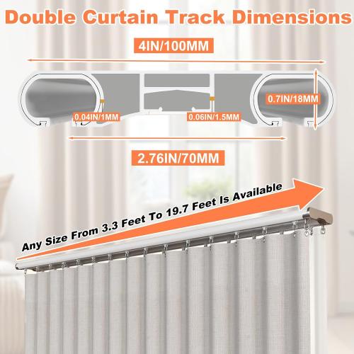 Double Curtain Track Ceiling Mount, Heavy Duty Thick Aluminum Alloy Curtain Rail with Silent Pulleys, Anti-Sag Dual Rail Room Divider for Bedroom Bay Window Hotel - White, 3.6ft (1.1m)