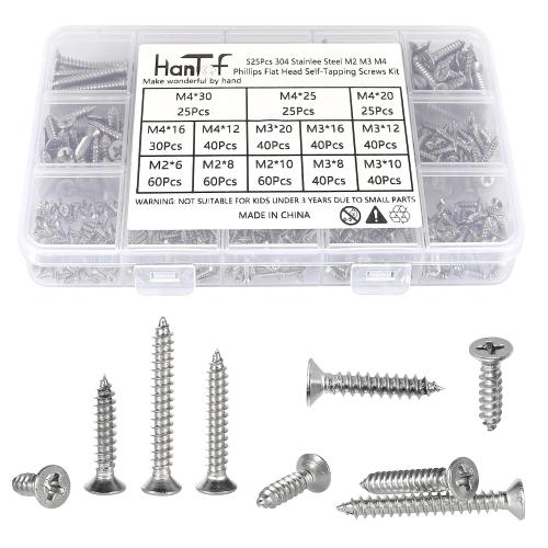 525Pcs M2 M3 M4 Phillips Flat Head Self Tapping Wood Screws,304 Stainless Steel, 13 Sizes Cross Countersunk Sheet Metal Screws Assortment for Wood,Plastic and Metal.Coarse Threaded, Sharp Point