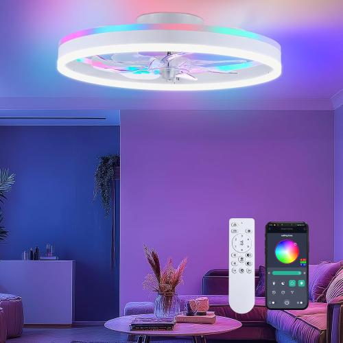 Size 20 Color White RGB Ceiling Fans with Lights, 20 Fandelier Low Profile Ceiling Fan with Light, Modern Flush Mount Ceiling Fan Light with Remote/APP Control, Bedroom Chandelier Fan Fixture for Indoor(White)
