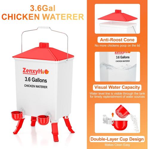 ZenxyHoC 3.6 Gal Chicken Waterer with Anti-Roost Cone, 3 Height Adjustable Locking Legs and 4 Automatic Water Cups for Backyard Flock