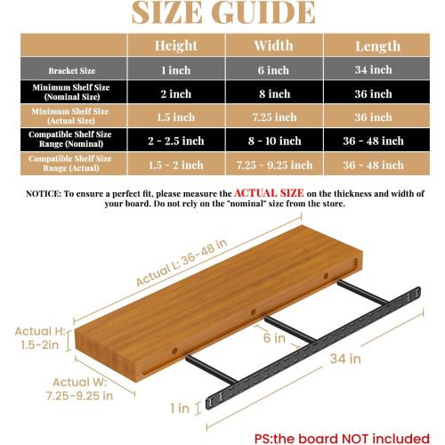 2pcs Floating Shelf Bracket Heavy Duty,Decorative Floating Shelf Hardware Hidden Black Metal Fireplace Mantel Brackets Without Jig (34X6X1.0 Without Tools)