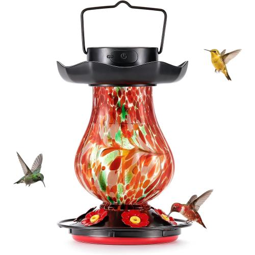 DesGully Solar Hummingbird Feeder for Outdoor - 25 fl.oz Hand Blown Glass Hummingbird Feeders for Outdoors Hanging, Large Capacity with Moat, 6 Colors Changing Light Outside Garden Decor (Red)