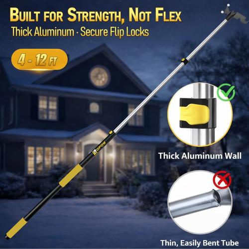 4-12 FT Christmas Light Telescopic Hanger Pole with Utility Hook, Stand Reach 30 Feet Long 3/4 inch Threaded Pole Reaching High Place for Hanging and Installation Lights String, Clothes and Birdfeeder