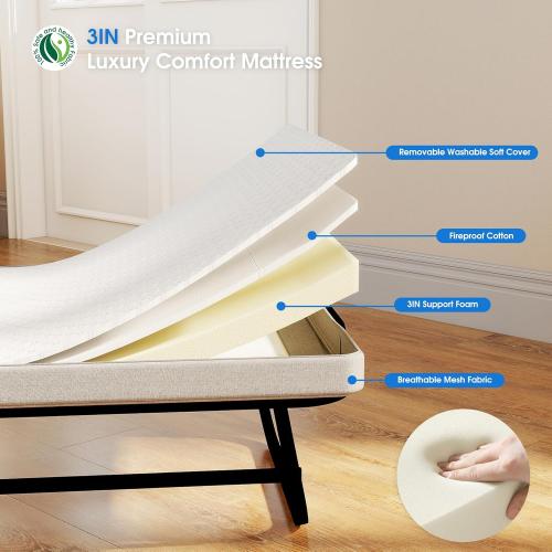 Folding Bed with Mattress, Portable Foldable Bed for Adults, Roll Away Guest on Wheels, Memory Foam Mattress and Metal Frame, Space Saving Fold Up for Easy Storage, 75 x 31