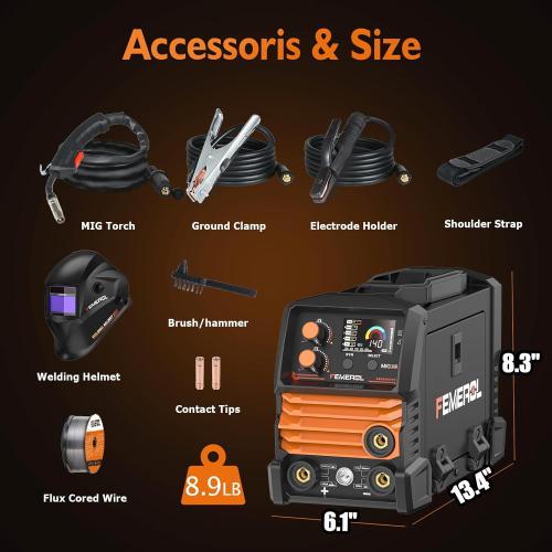 FEMEROL 140A 3 in 1 MIG Welder,Flux Core, MIG/Lift TIG/Stick Welding Machine 110V Portable IGBT Inverter Synergic Control, LED Display with Welding Helmets