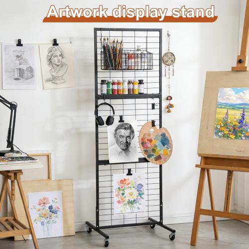 Foldable 3-Tier Wire Grid Wall Display Rack, Tool-Free Assembly Gridwall With Removable Hooks, Mobile Grid Panel For Home Storage, Retail Display & Vendor Events, Black Wire Grid Wall Panel Display