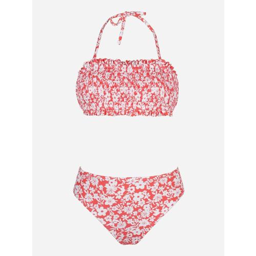 Size S...CUPSHE Bikini Set for Women Two Piece Swimsuit Bandeau Top Back Tie Mid Waisted Bottom with Removable Shoulder Straps