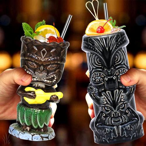 Tiki Glasses for Cocktails Mugs Set of 4 Ceramic Party Cups Bar Decor Creative Large Hawaiian Drinking Bar Decorations Vintage Tropical Drinkware Barware 4 Packs