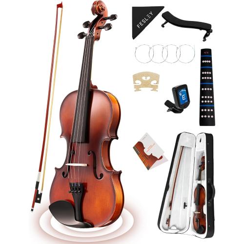 Fesley 4/4 Violin Fiddle Full Set: Matt Violin Kit for Beginners, Acoustic Violin with Hard Case, Solidwood Hand Made Starter Kit with Bow, Shoulder Rest, Tuner, Extra Strings