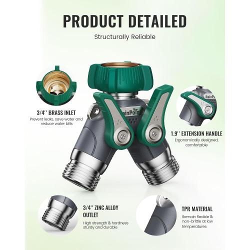 RAINPOINT Garden Hose Splitter 2 Way Heavy Duty, 3/4'' Connector Water Hose Bib Y Spigot Splitter with Shut-Off Valve, 100% Metal Body Full Flow Outdoor Water Faucet Adapter Fittings (1 Pack)