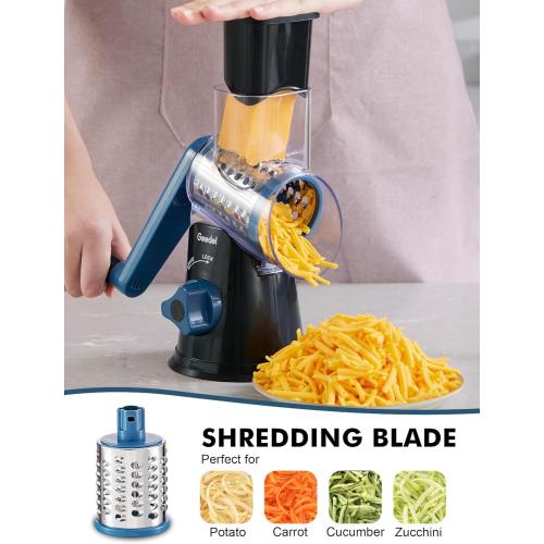 Geedel Rotary Cheese Grater, Kitchen Mandoline Vegetable Slicer with 3 Interchangeable Blades, Easy to Clean Rotary Grater Slicer for Fruit, Vegetables, Nuts