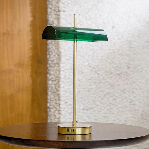 Bankers Modern Desk Lamp, Elevate Your Space with 3-Port Fast Charging Station (A  C USB Ports), Emerald Acrylic Lampshade, Satin Brass Finish. Old Classic with Modern-Inspired Design