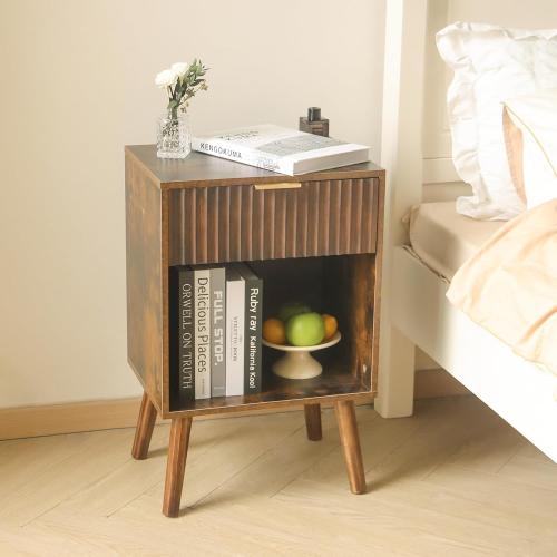 Mid Century Modern Nightstand with Charging Station, Modern Bedside Table with Fluted Drawer and Storage Shelf, End Side Tables Living Room for Bedroom, Office (Rustic Brwon)