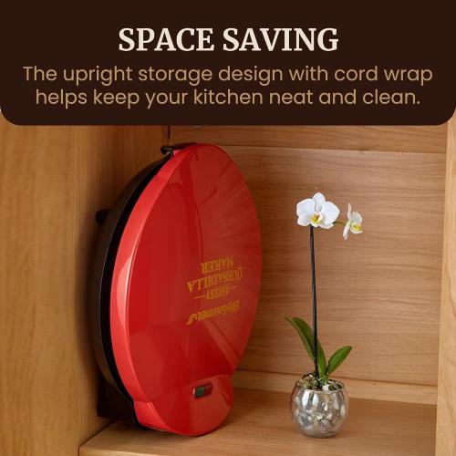 Elite Gourmet 10.65 Cheesy Quesadilla Maker, 2-Position Locking Latch, Red