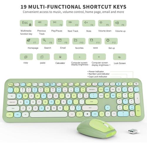Wireless Keyboard and Mouse Combo, Colorful Ergonomic Full Size Retro Low-Noise Keyboard with Cute keycaps, Compatible with Windows, PC, Perfer for Home and Office Keyboards (Green)