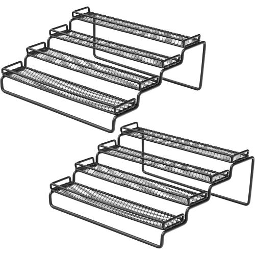 2 Pack Spice Rack Organizer for Cabinet, 4 Tier Expandable Seasoning Organizer Shelf, Spice Holder with Protection Railing, Metal, Black