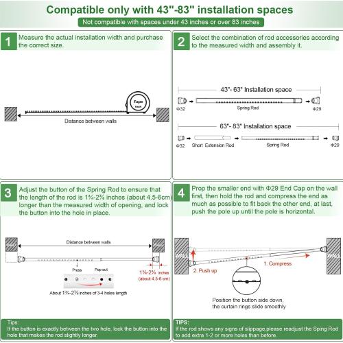 Tension Curtain Rod,43-102 Inch Shower Rod No Drilling,Shower Curtain Rods Spring Tension Rod Non-Slip - Heavy Duty Adjustable Curtain Rod,Shower Rods for Bathroom Windows Doorway,Matte White