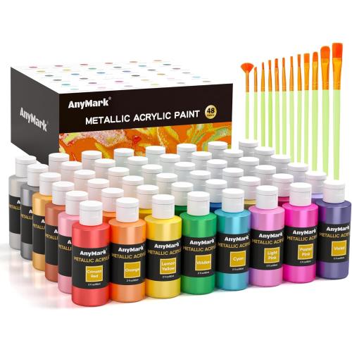 AnyMark Metallic Acrylic Paint, 48 Colors with 12 Brushes, 2 fl oz/60ml Bottles, Glitter Acrylic Paint Set for Kids Adults Canvas, Rock, Wood