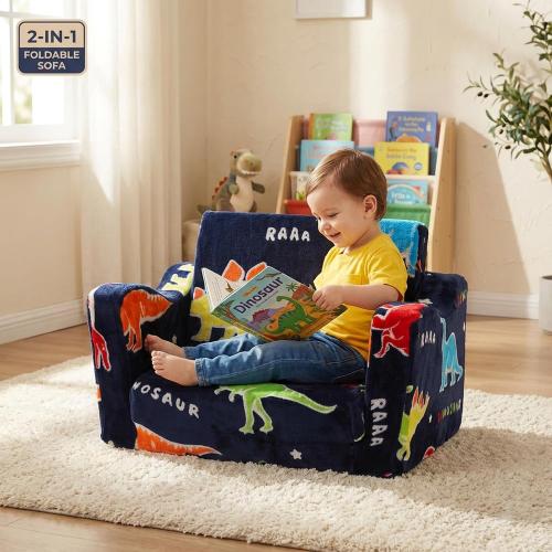 Toddler Couch, Glow in the Dark Dinosaur Kids Couch, 2-in-1 Foldable Flip Open Kids Sofa Chair for Reading, Playtime and Playroom, Gift for Boys and Girls