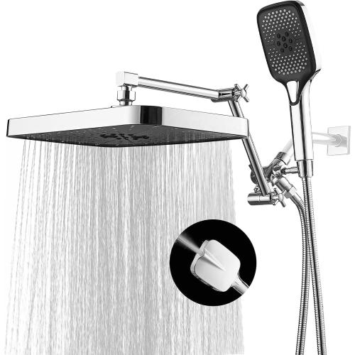 14 Inch Rain Shower Head with Handheld Spray Combo and Extention Arm, Rainfall Waterfall High Pressure Large Shower Heads, Dual Showerhead with 3-Way Diverter - Height/Angle Adjustable(Chrome)
