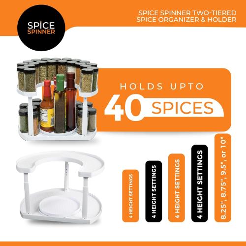 2-Tier Spice Rack Organizer for Cabinet | Rotating Lazy Susan Spice Organizer Holds 40 Spice Jars | Countertop & Pantry Spice Shelf for Kitchen Organization & Storage (White)