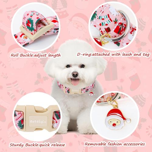 Pink Christmas Dog Collar, Adjustable Cotton Dog Collars with Santa & Snowman Patterrn, Holiday Dog Collars for Small Dogs, Cute Winter Collar for Girl Boy Dogs-S