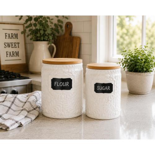 Ceramic Canister Set of 2 (94oz & 52oz) – Airtight Bamboo Lids for Flour, Sugar & Coffee – White Kitchen Storage Jars with Labels for Countertop & Pantry