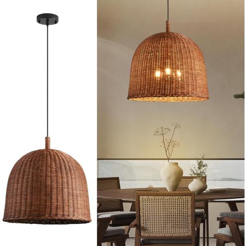 3-Light Dark Curry Rattan Pendant Light,17.7 Rustic Hanging Light,Brown Wicker Pendant Light Hand-Woven Rattan Chandelier for Workplace Restaurants Dining Living Kitchen Farmhouse