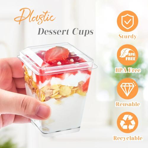 Kucoele Set of 50 Pack 5 oz Plastic Dessert Cups with Lids and Spoons, Clear Parfait Cups Pudding Cups Mini Party Serving Cups for Appetizer Fruit Yogurt Ice Cream